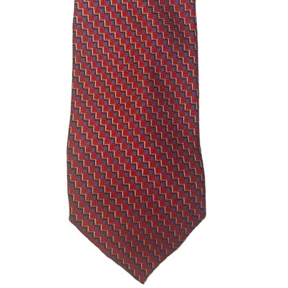 Altea luxury Italian silk tie, geometric red & blue w/ gold, small squares, 4”